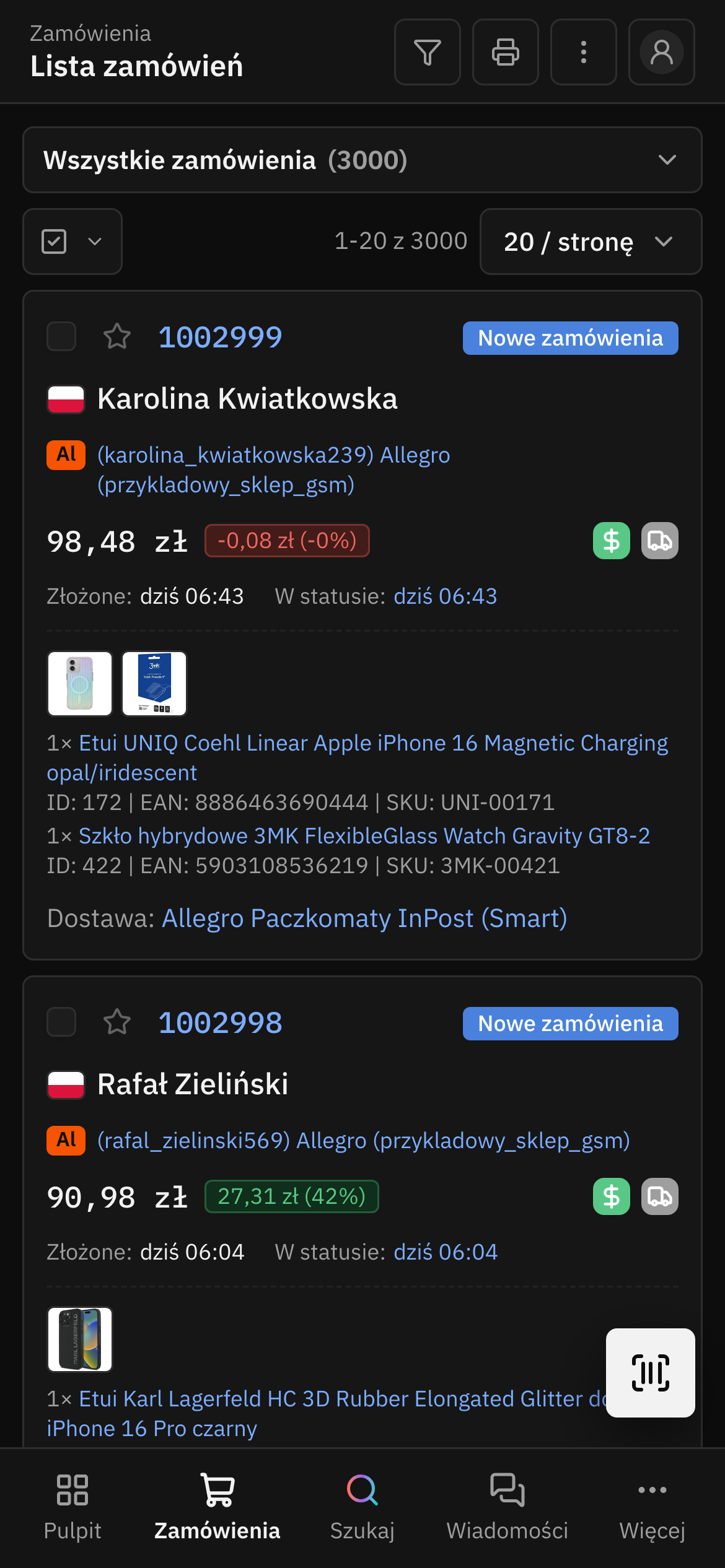 Lista zamówień w panelu Flovern na telefonie: karty zamówień z kwotą, marżą, kanałem sprzedaży i dostawą, dolna nawigacja.